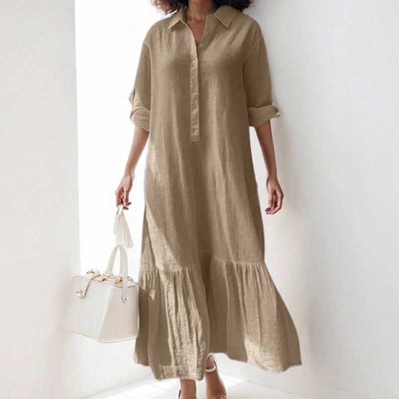 Asymmetrical Shirt Collar Button-Up Casual Long Sleeve Dress - Image 6