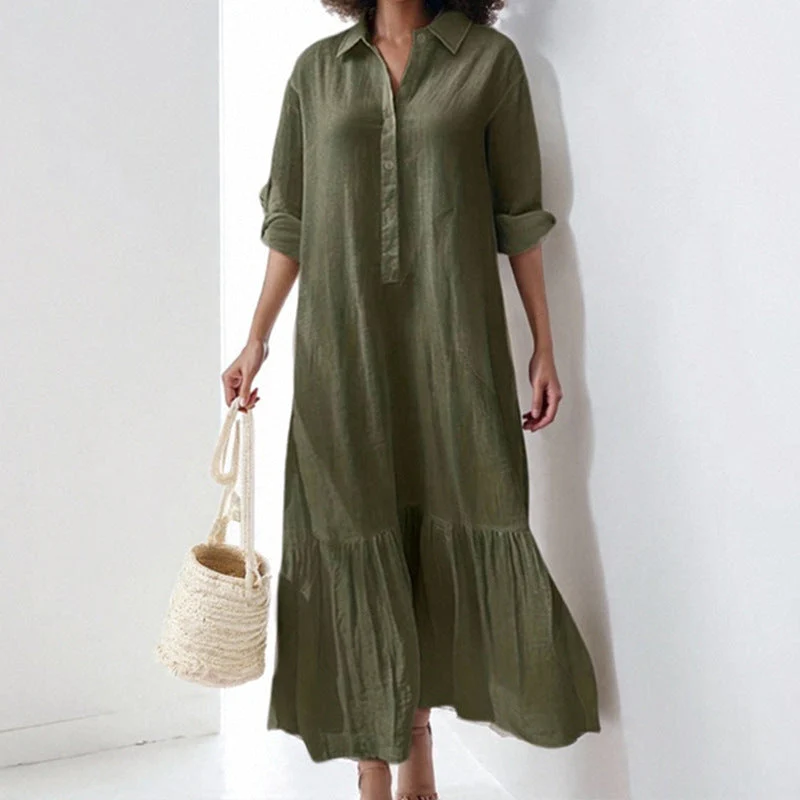 Asymmetrical Shirt Collar Button-Up Casual Long Sleeve Dress - Image 7