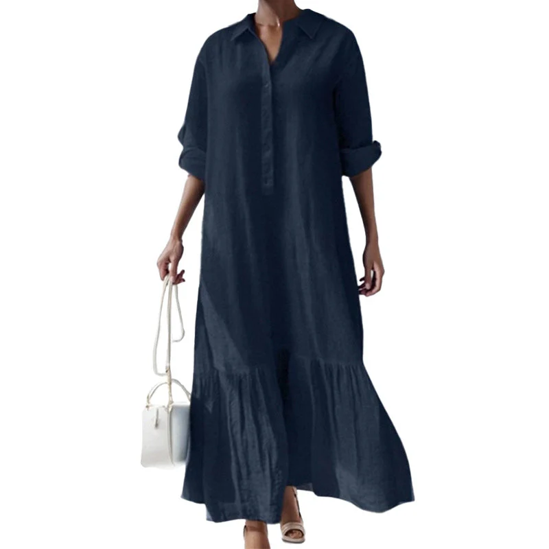 Asymmetrical Shirt Collar Button-Up Casual Long Sleeve Dress - Image 8