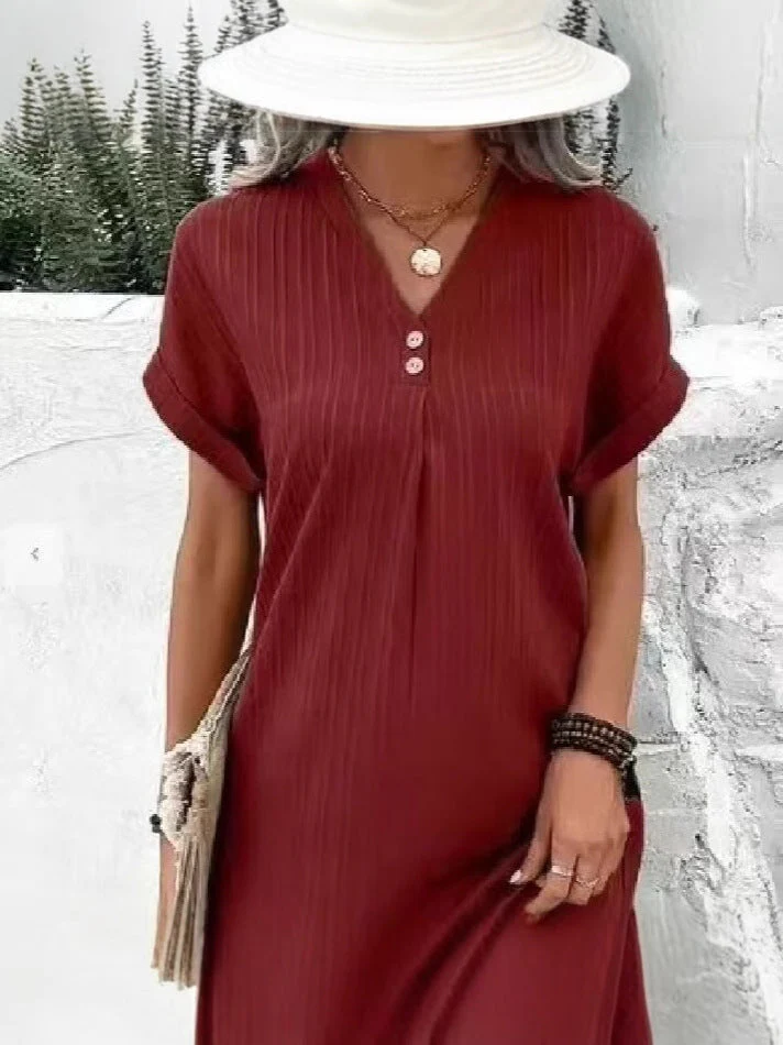 V-Neck Short Sleeve Solid Pullover Button Dress - Image 6